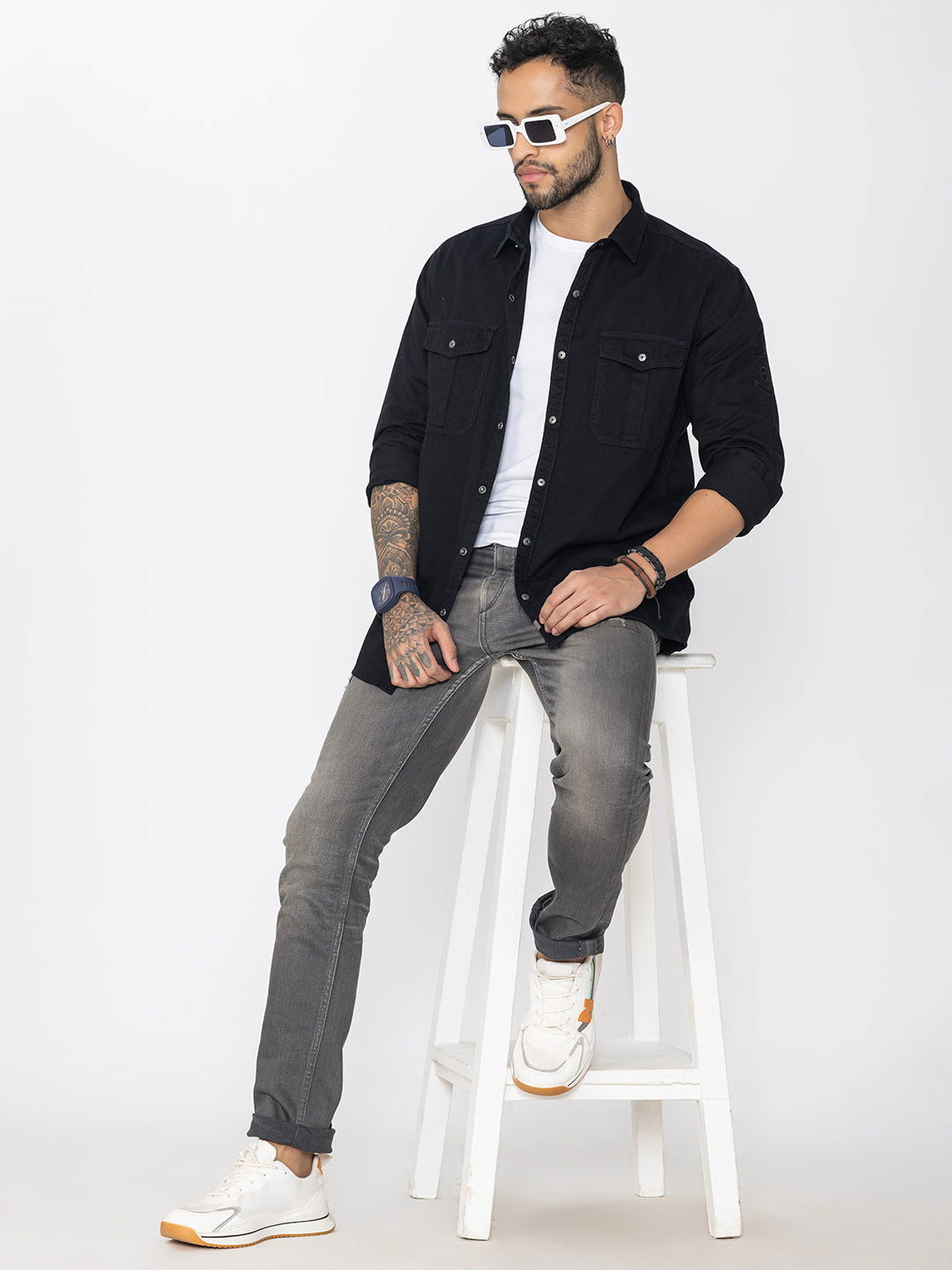 Classic fit black denim shirt double pockets – - Main Image