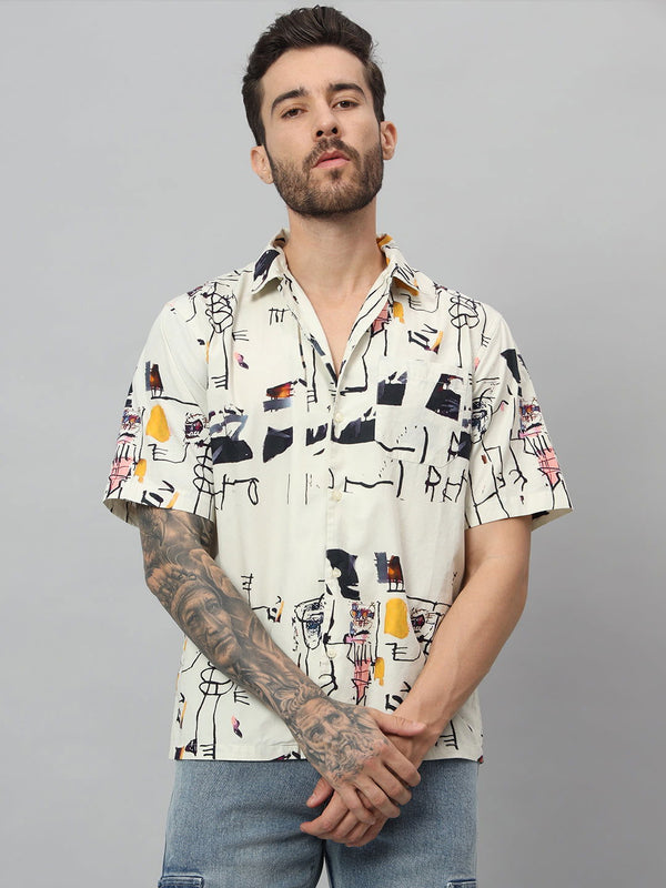 Men printed Half shirt white blue - St.Jones