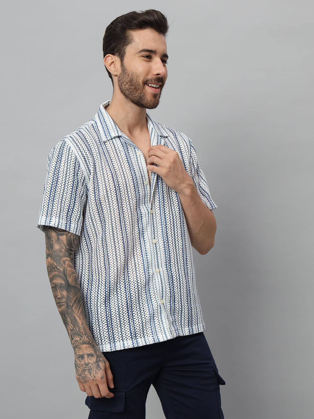 Blue stripes net half shirt