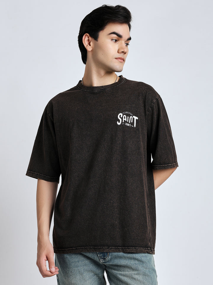 Street style drop shoulder brown wash Tshirt