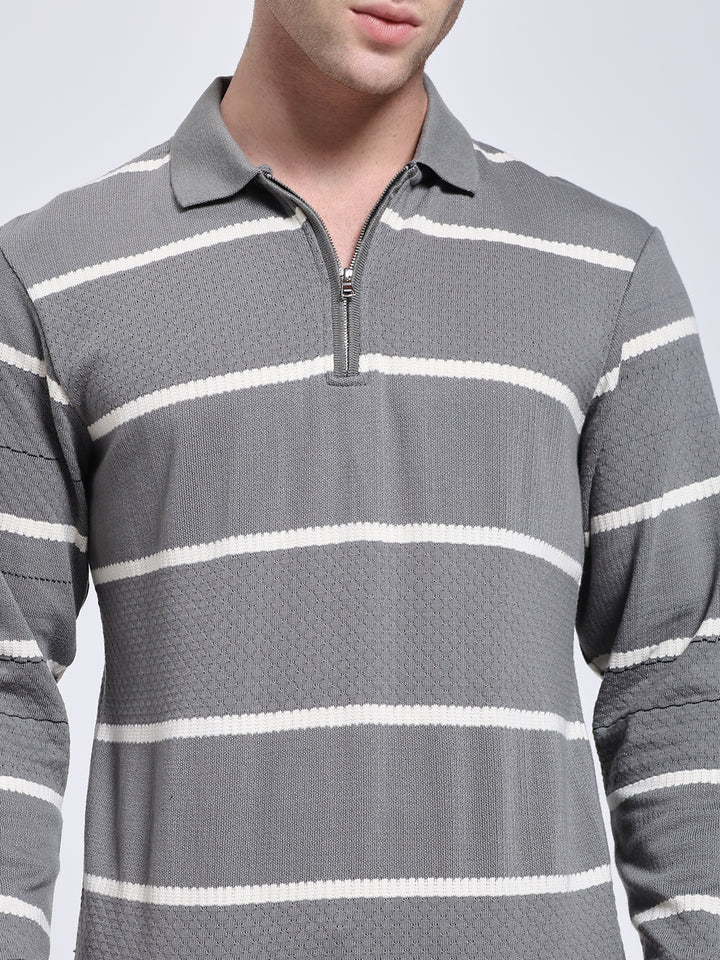 Full sleeve knitted pre-winter grey stripe T-shirt