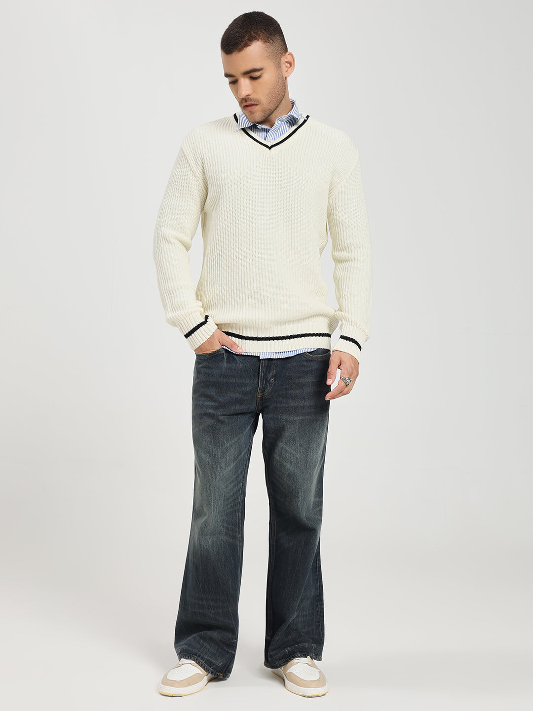 Men's Off-White V-Neck Sweater With Black Stripes