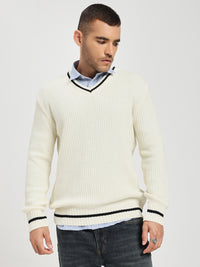 Men's Off-White V-Neck Sweater With Black Stripes