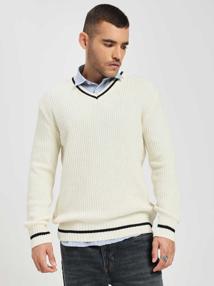 Men's Off-White V-Neck Sweater With Black Stripes