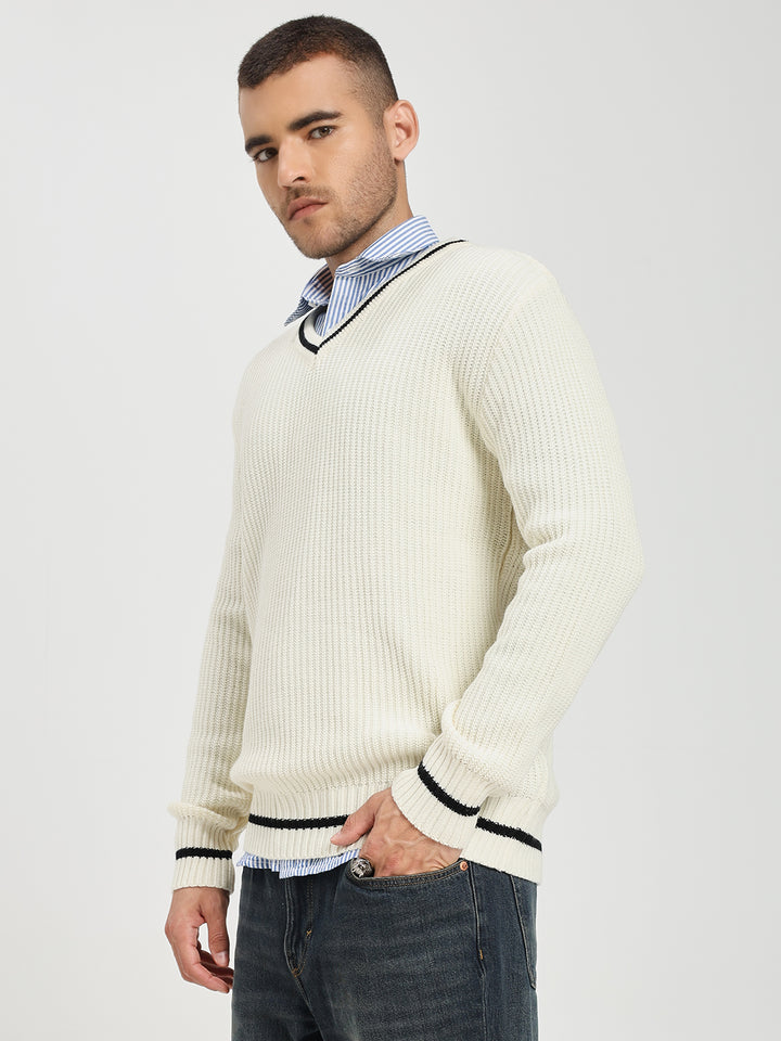 Men's Off-White V-Neck Sweater With Black Stripes
