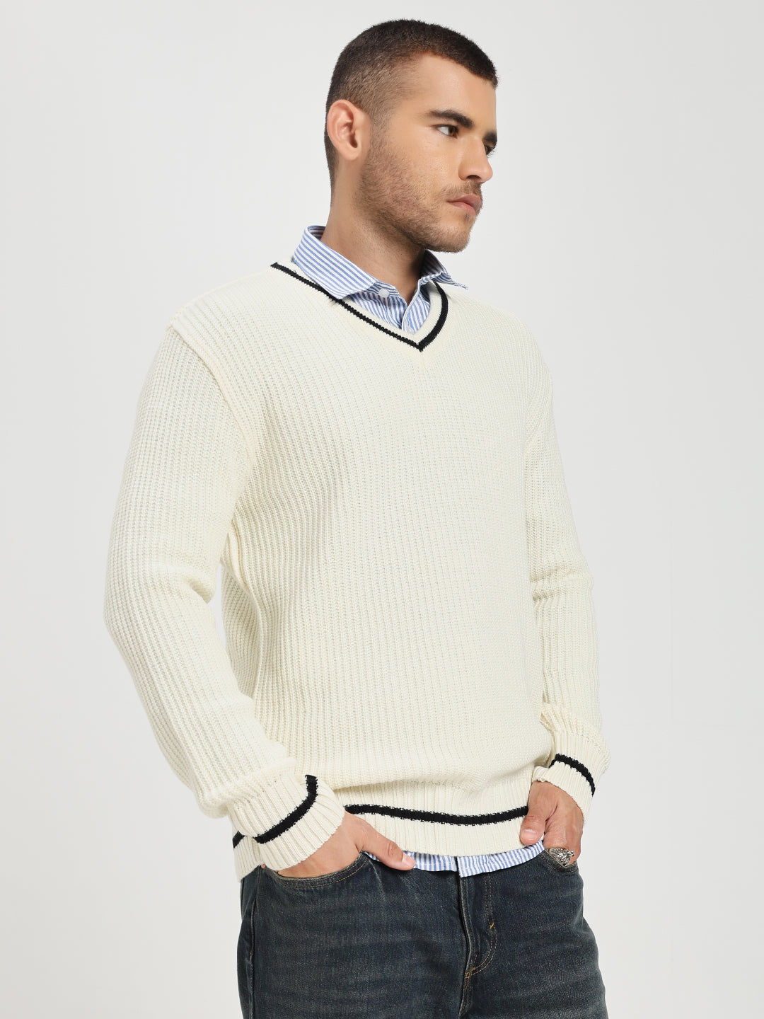 Men's Off-White V-Neck Sweater With Black Stripes
