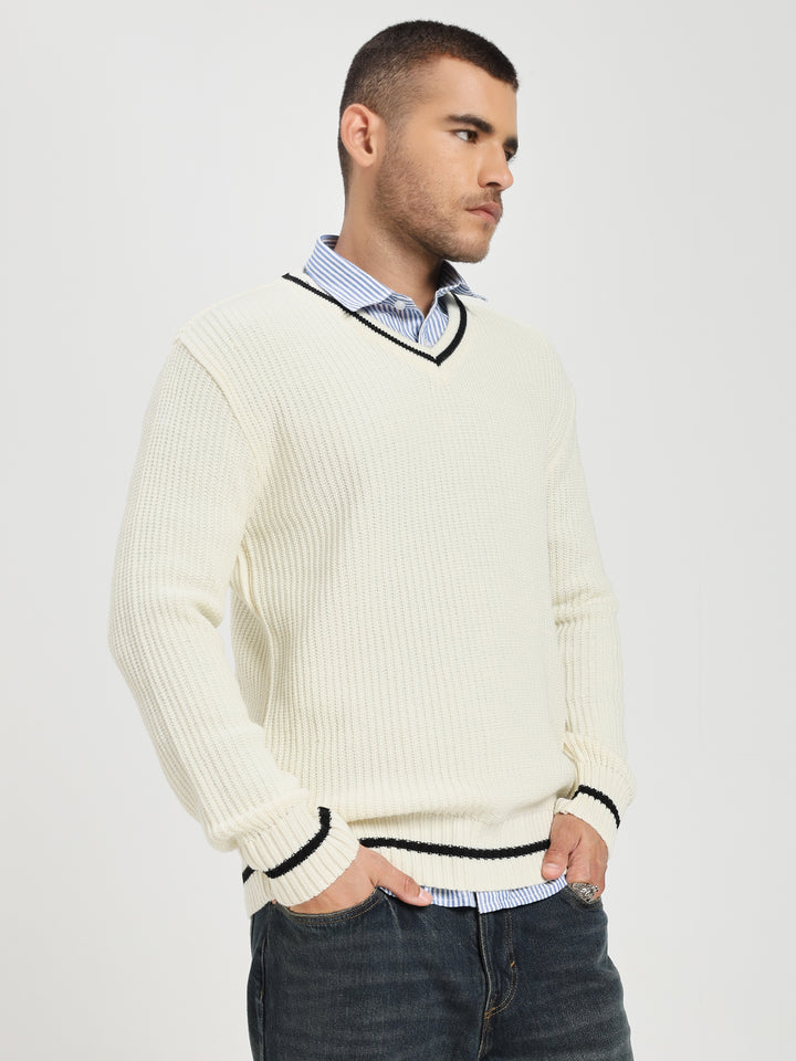 Men's Off-White V-Neck Sweater With Black Stripes