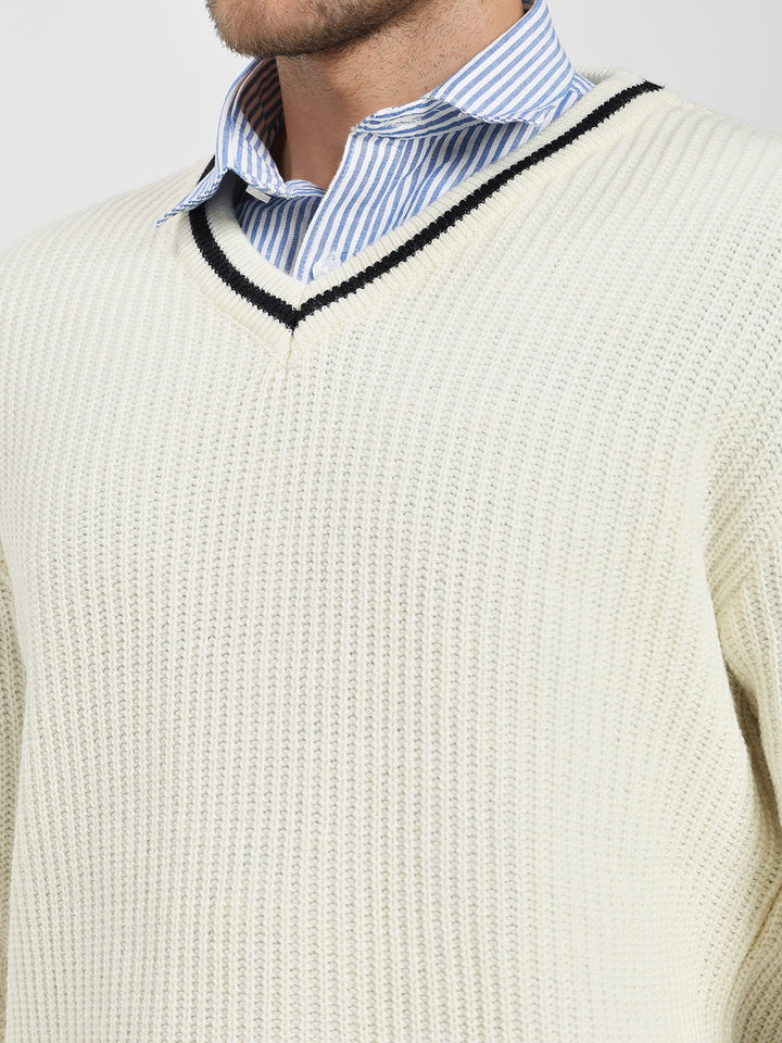 Men's Off-White V-Neck Sweater With Black Stripes