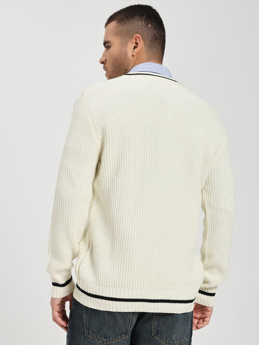 Men's Off-White V-Neck Sweater With Black Stripes