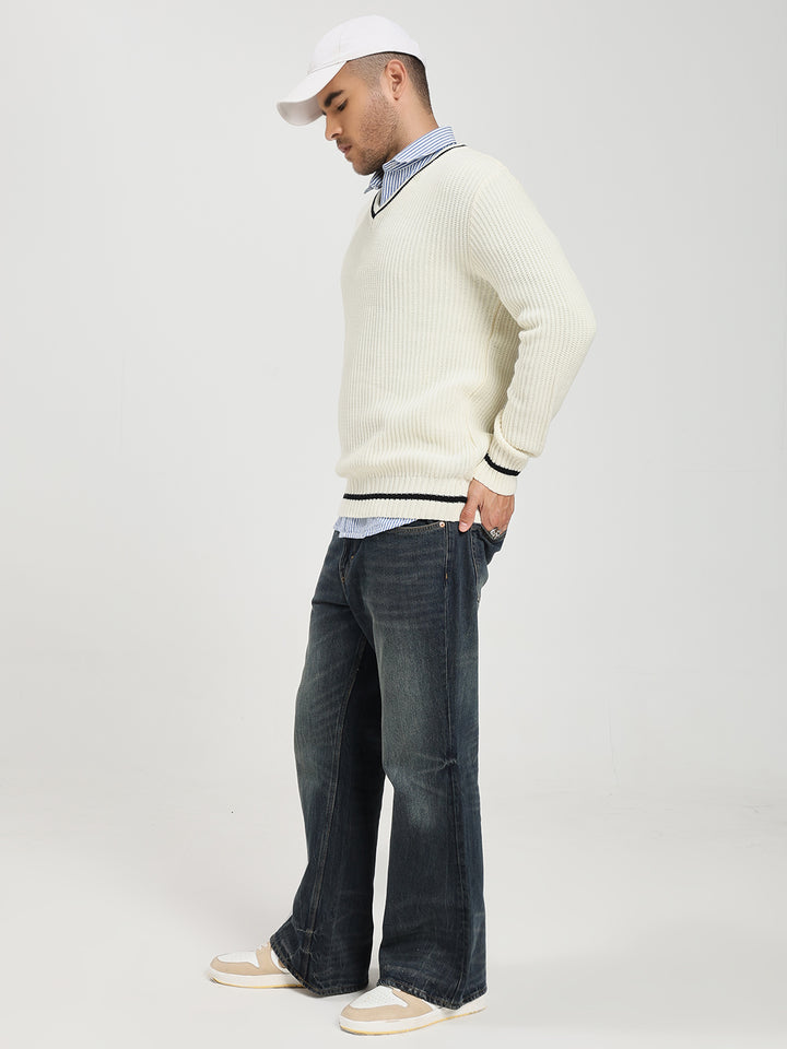 Men's Off-White V-Neck Sweater With Black Stripes