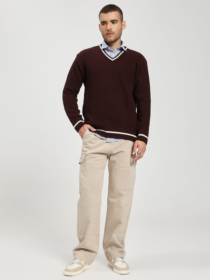 Men's Brown V-Neck Sweater With White Stripes