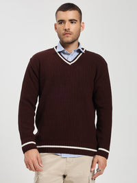 Men's Brown V-Neck Sweater With White Stripes