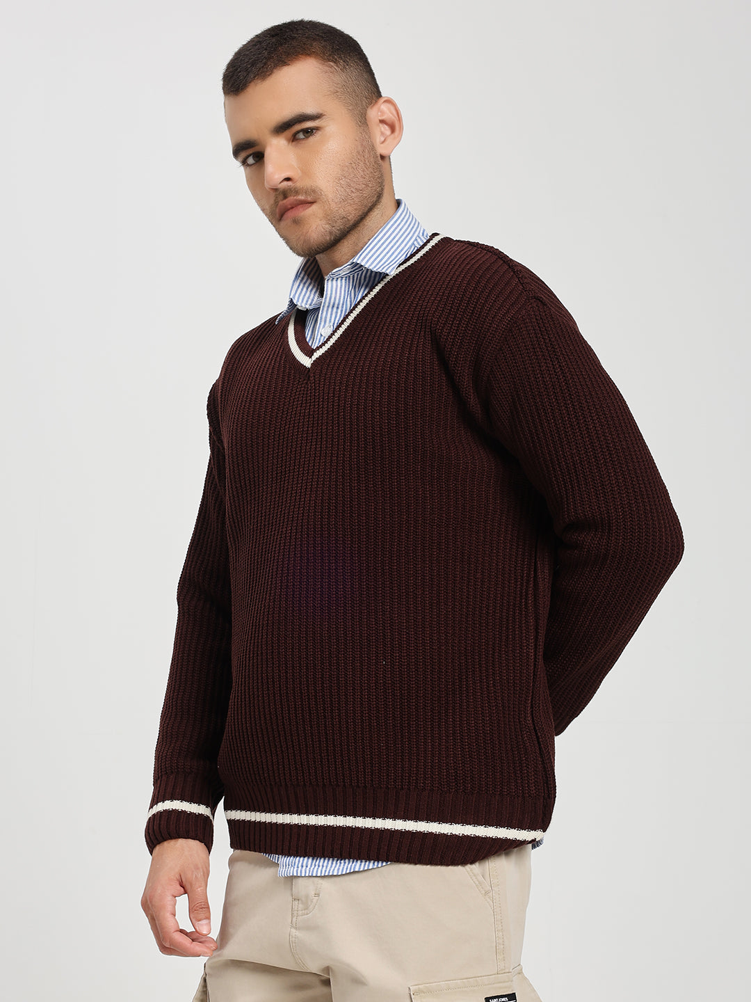Men's Brown V-Neck Sweater With White Stripes