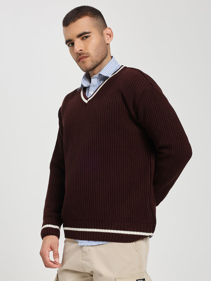 Men's Brown V-Neck Sweater With White Stripes