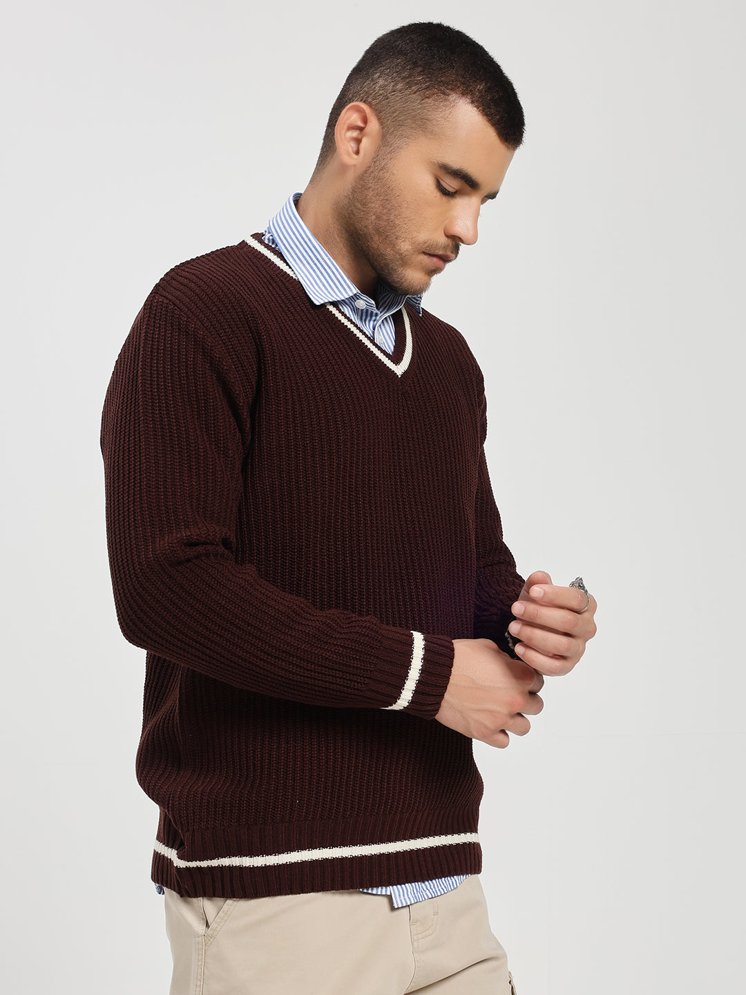 Men's Brown V-Neck Sweater With White Stripes