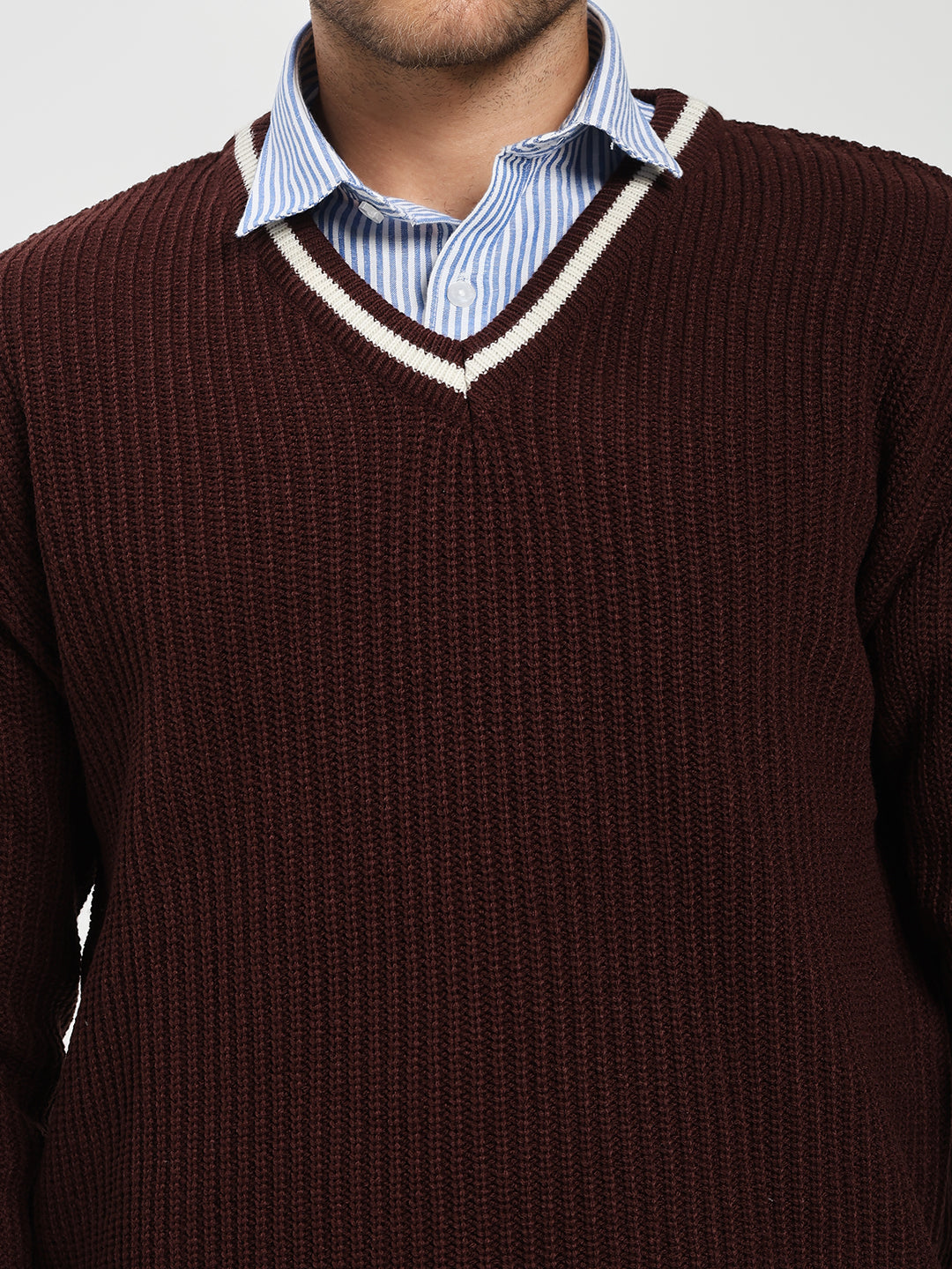 Men's Brown V-Neck Sweater With White Stripes