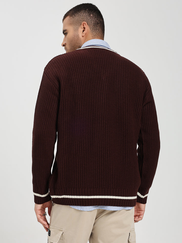 Men's Brown V-Neck Sweater With White Stripes
