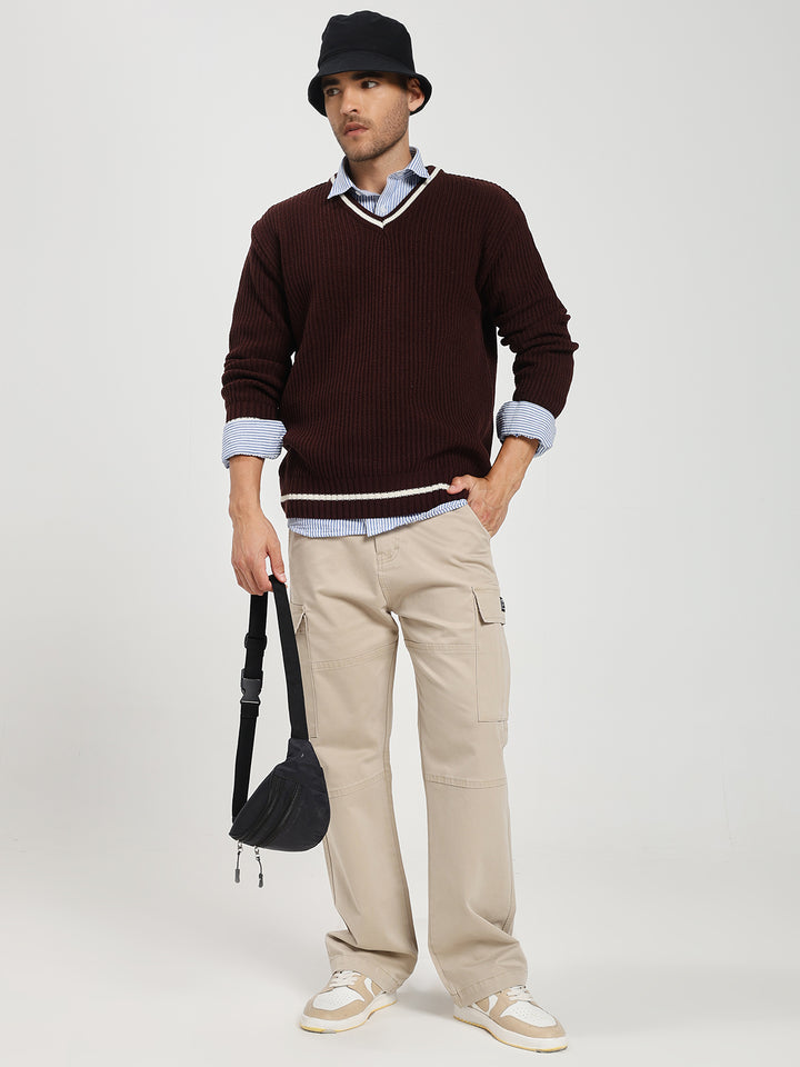 Men's Brown V-Neck Sweater With White Stripes
