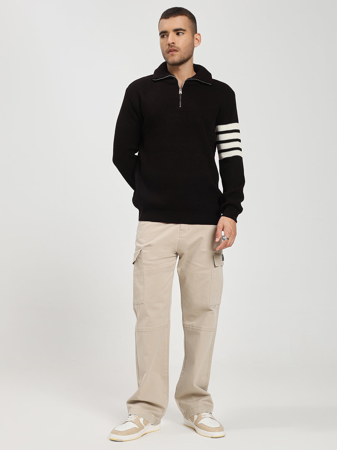 Men’s Dark Brown & White Arm Stripe Half-Zip Sweater
