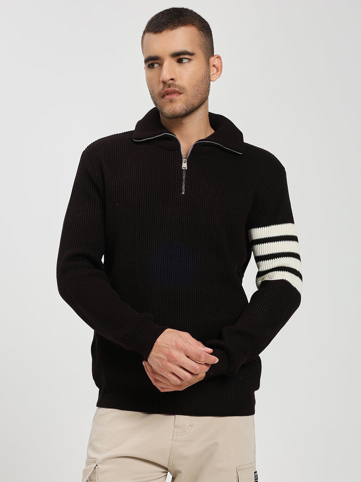 Men’s Dark Brown & White Arm Stripe Half-Zip Sweater