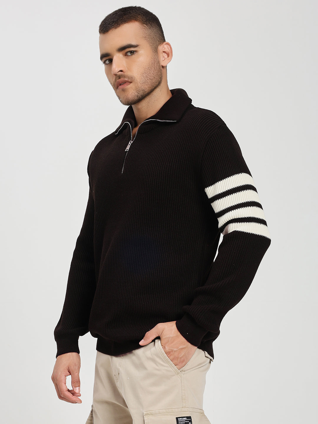 Men’s Dark Brown & White Arm Stripe Half-Zip Sweater