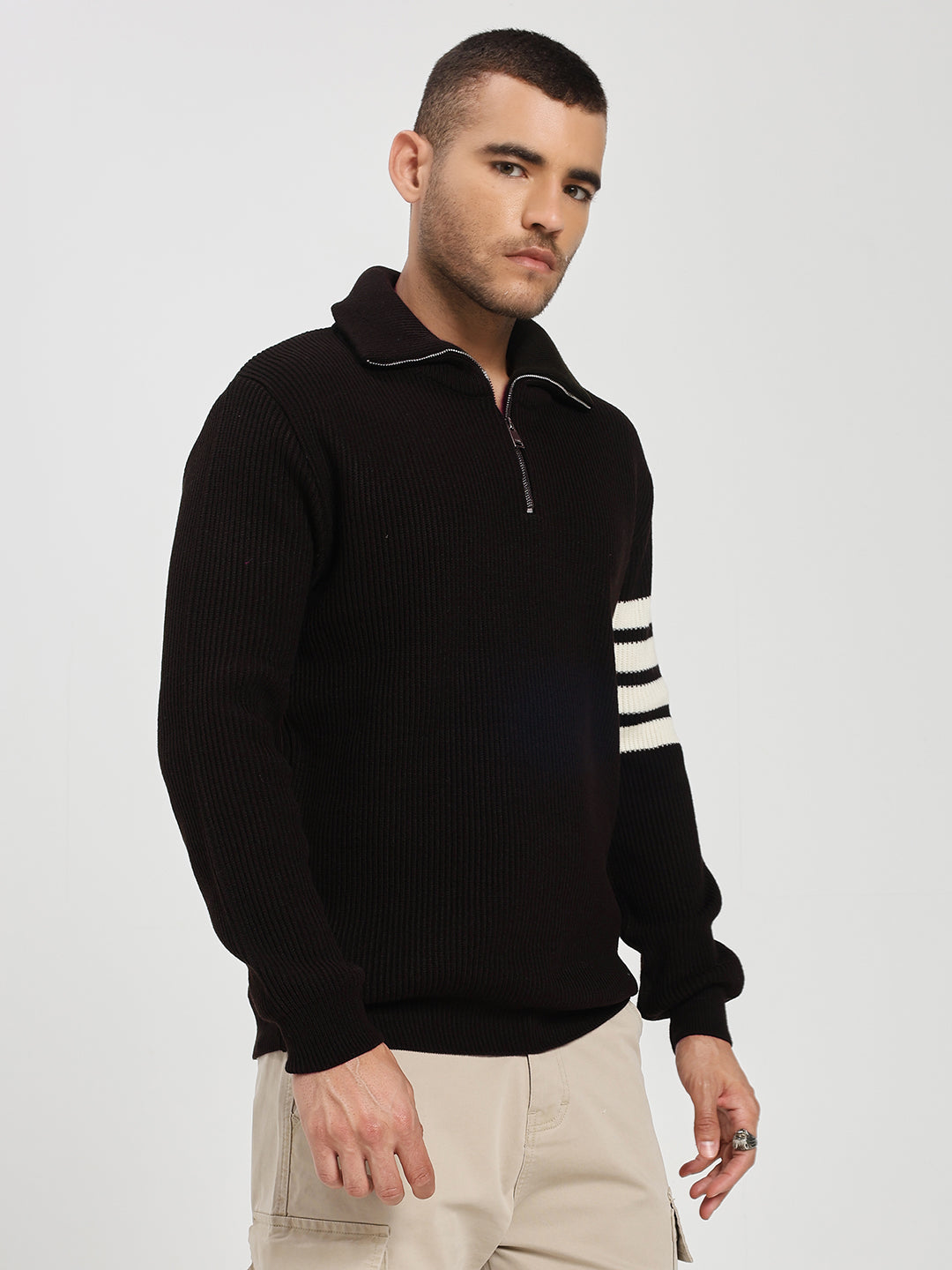 Men’s Dark Brown & White Arm Stripe Half-Zip Sweater