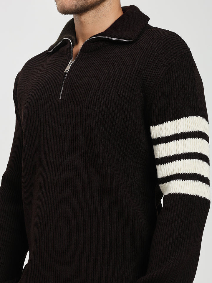 Men’s Dark Brown & White Arm Stripe Half-Zip Sweater