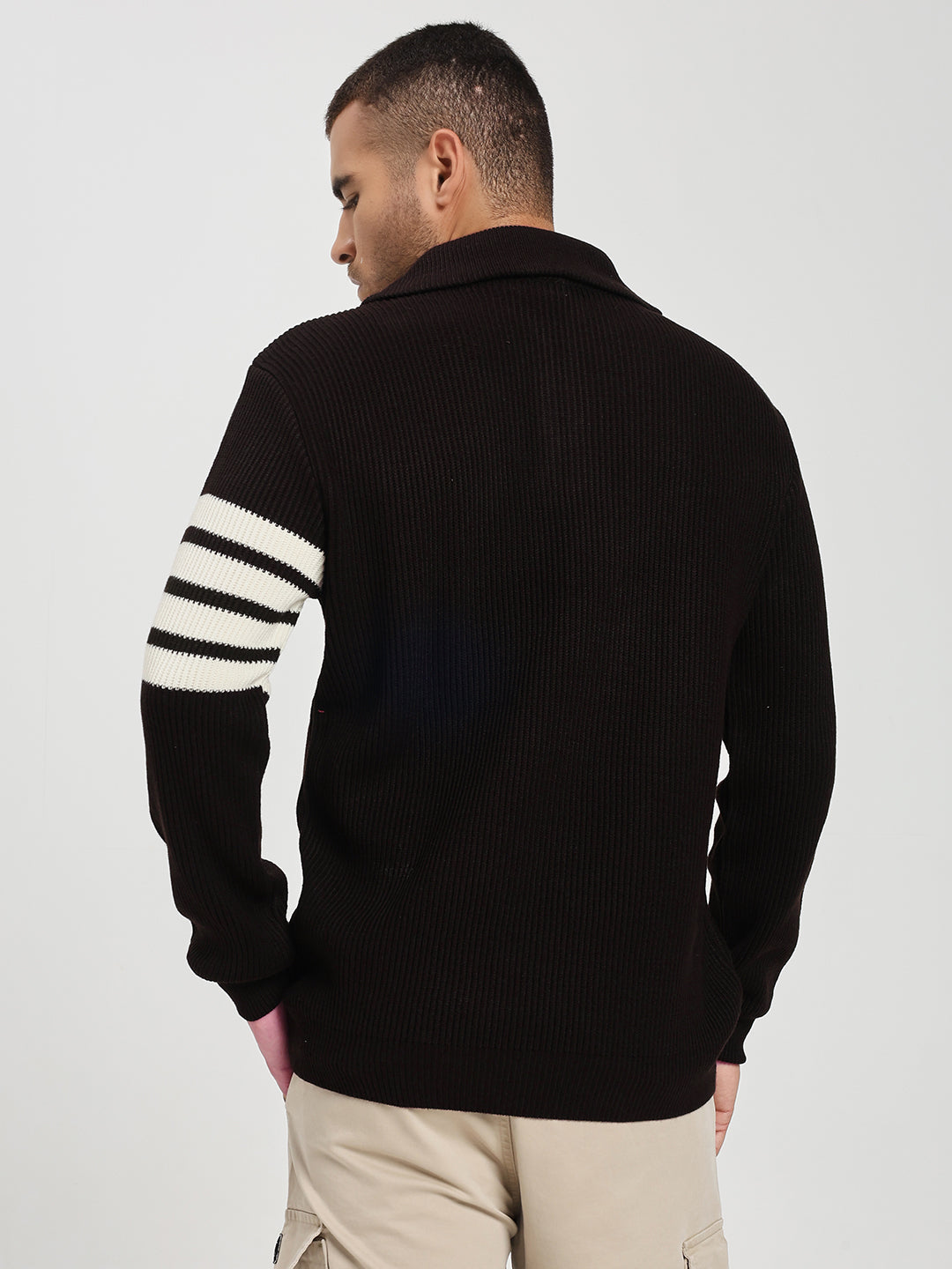 Men’s Dark Brown & White Arm Stripe Half-Zip Sweater