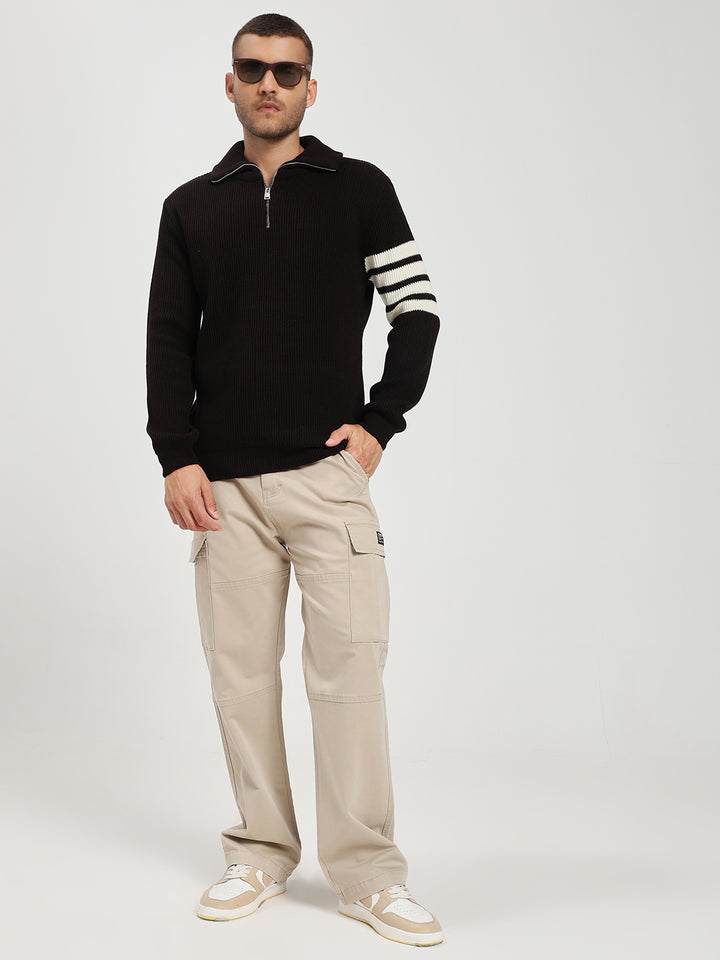 Men’s Dark Brown & White Arm Stripe Half-Zip Sweater