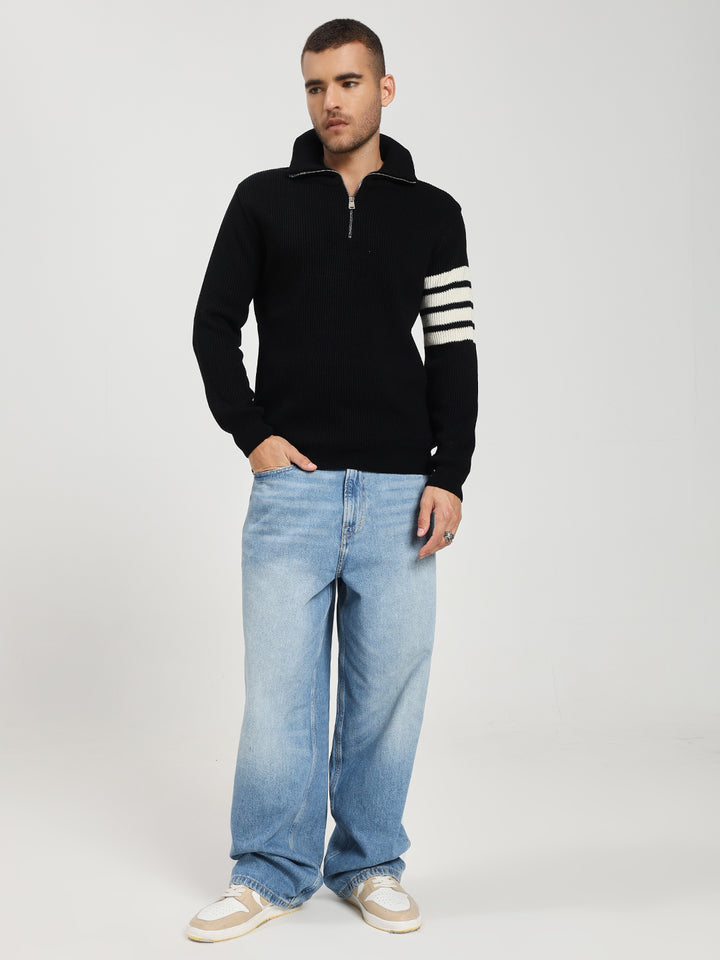 Men’s Black & White Arm Stripe Half-Zip Sweater