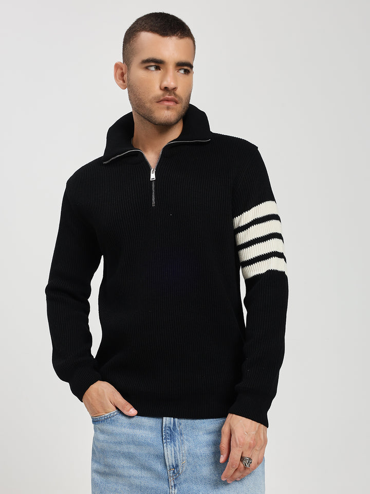 Men’s Black & White Arm Stripe Half-Zip Sweater