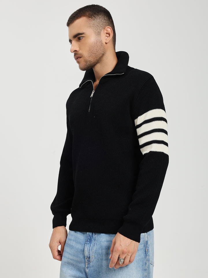 Men’s Black & White Arm Stripe Half-Zip Sweater