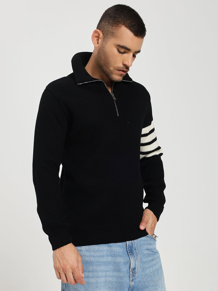 Men’s Black & White Arm Stripe Half-Zip Sweater