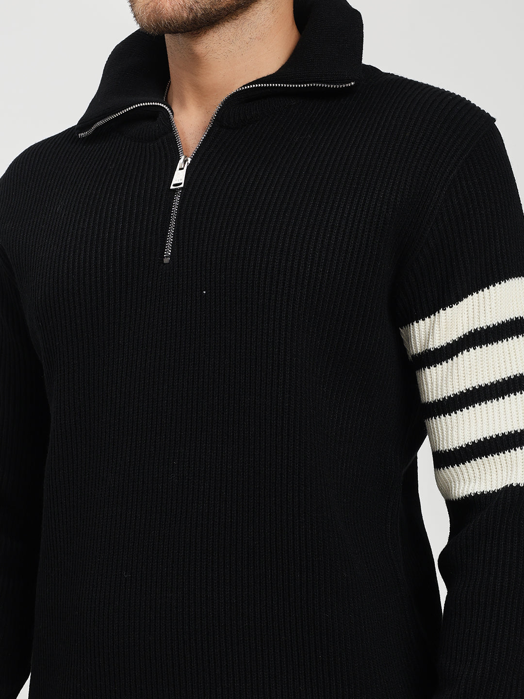 Men’s Black & White Arm Stripe Half-Zip Sweater