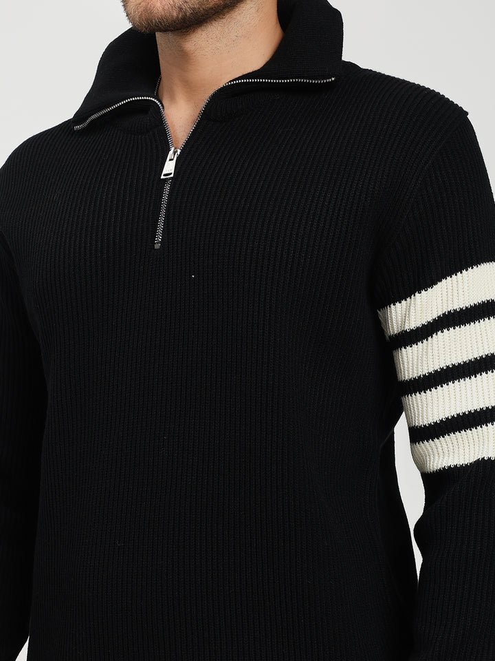 Men’s Black & White Arm Stripe Half-Zip Sweater