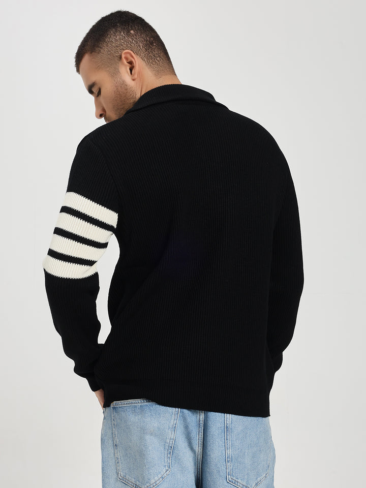 Men’s Black & White Arm Stripe Half-Zip Sweater