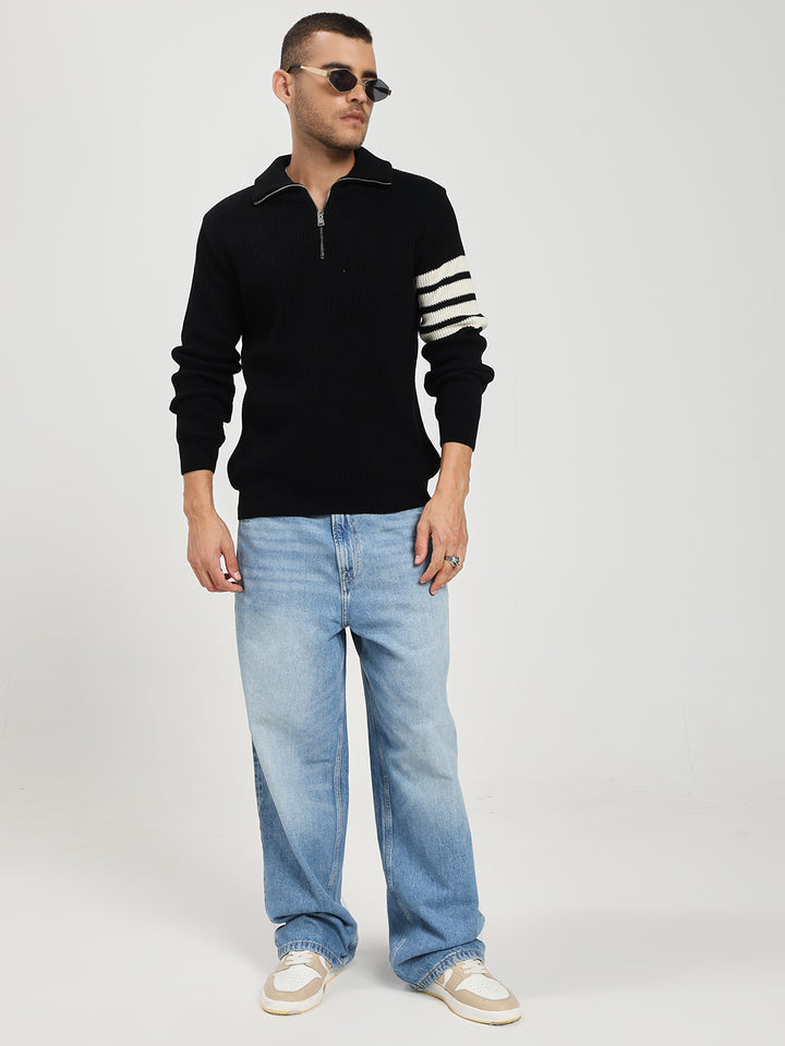 Men’s Black & White Arm Stripe Half-Zip Sweater