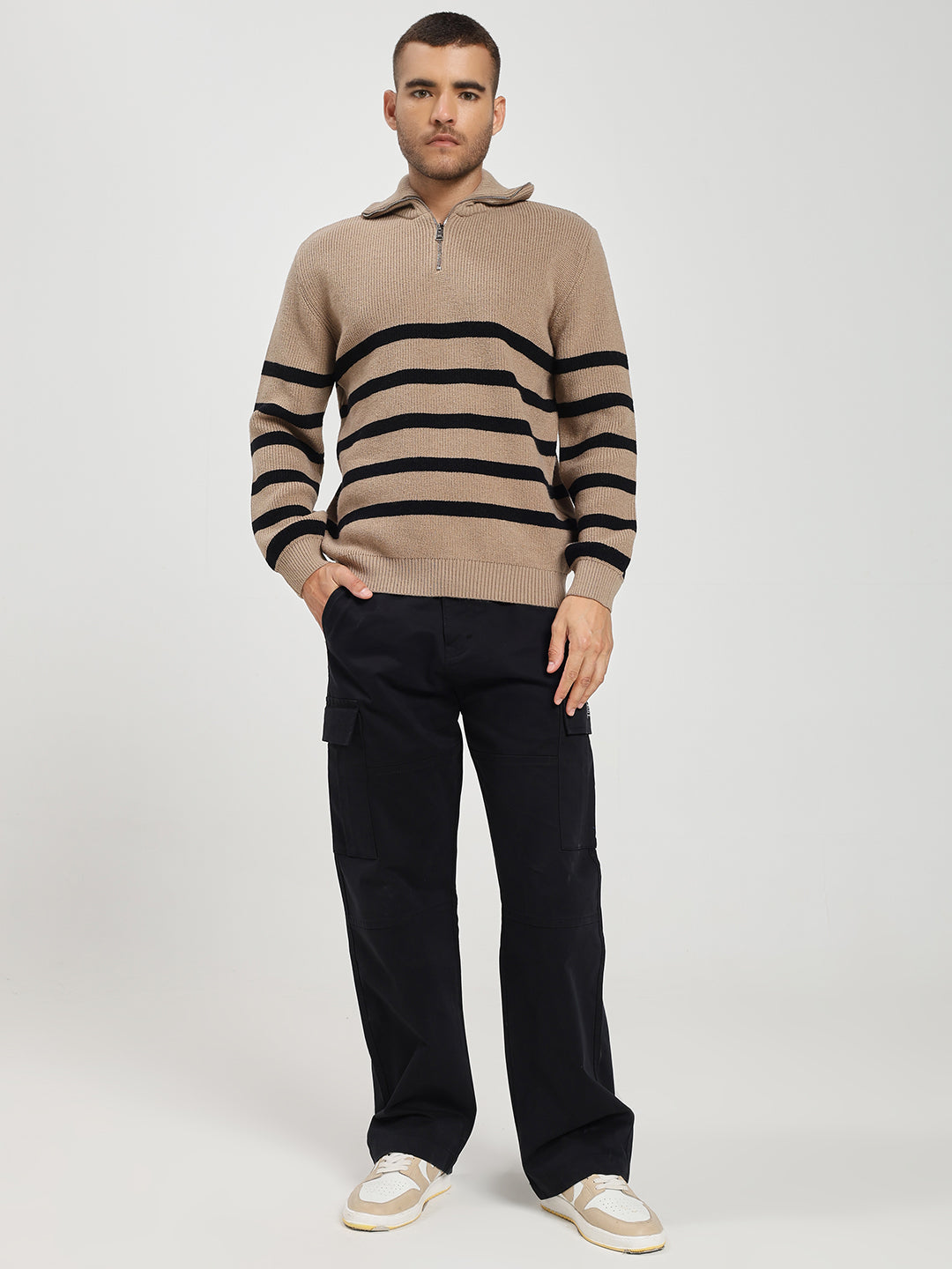 Men’s Beige & Black Striped Half-Zip Sweater