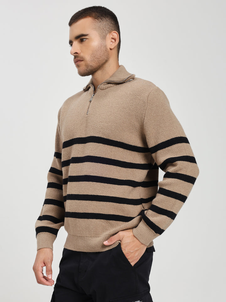 Men’s Beige & Black Striped Half-Zip Sweater
