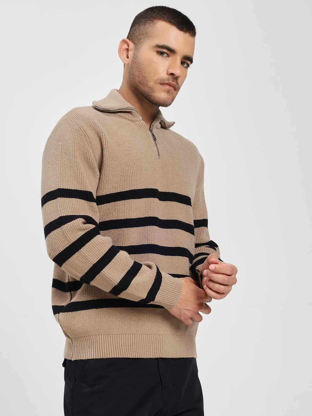 Men’s Beige & Black Striped Half-Zip Sweater