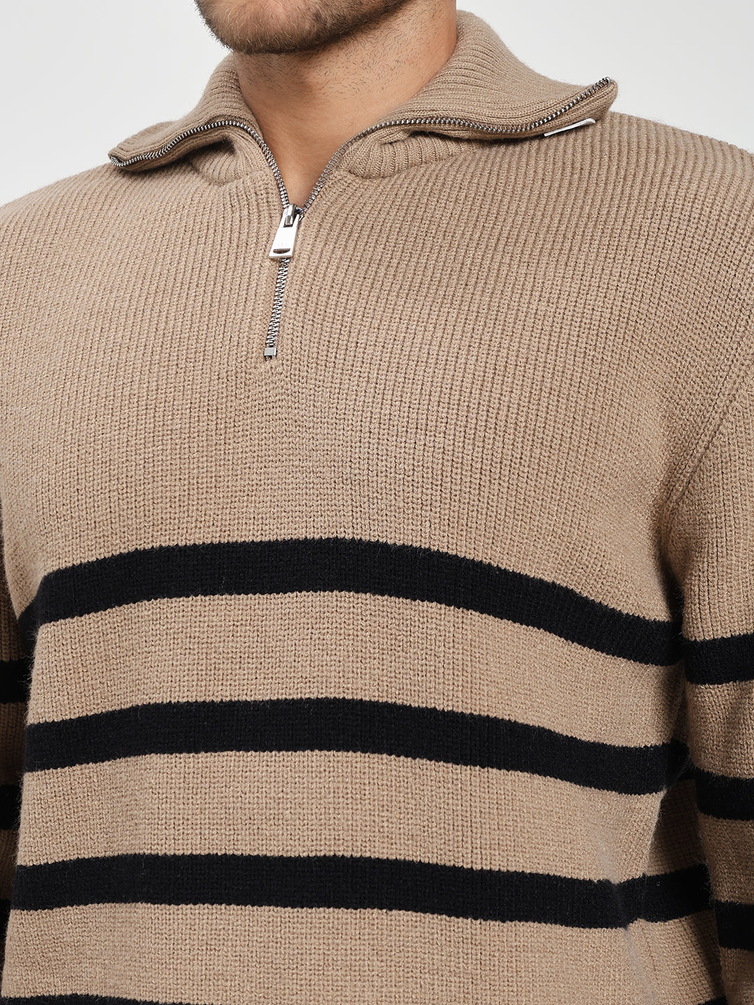 Men’s Beige & Black Striped Half-Zip Sweater