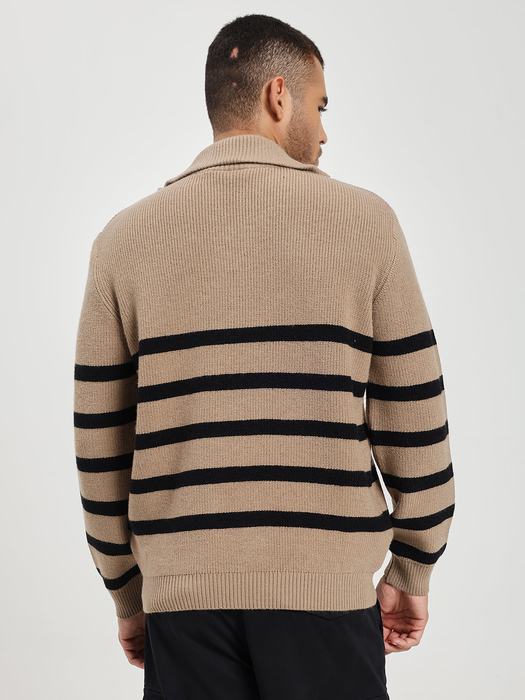Men’s Beige & Black Striped Half-Zip Sweater