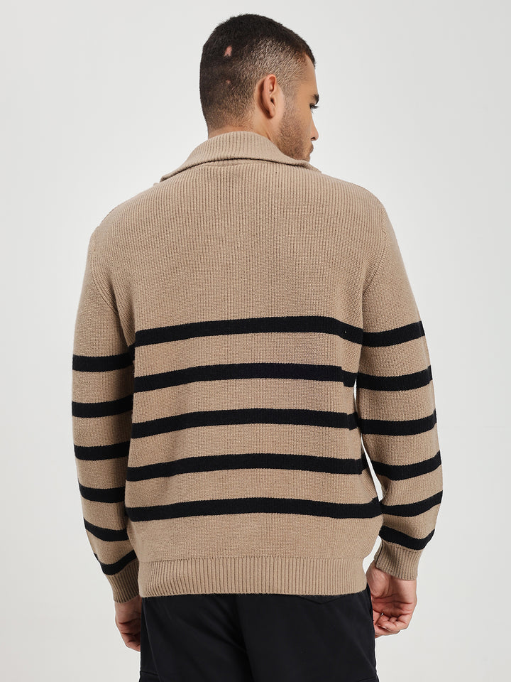 Men’s Beige & Black Striped Half-Zip Sweater