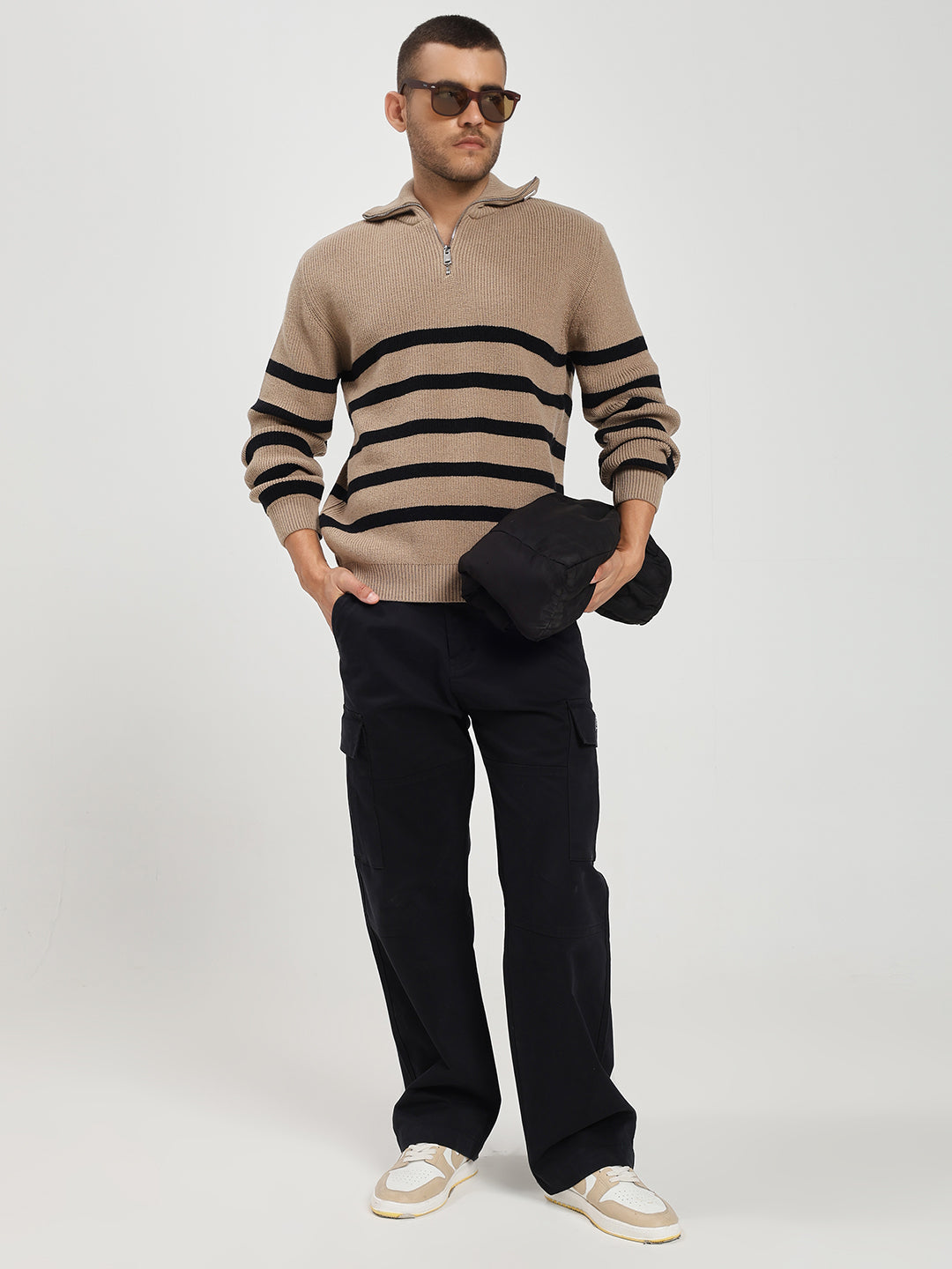Men’s Beige & Black Striped Half-Zip Sweater