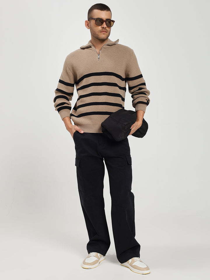 Men’s Beige & Black Striped Half-Zip Sweater