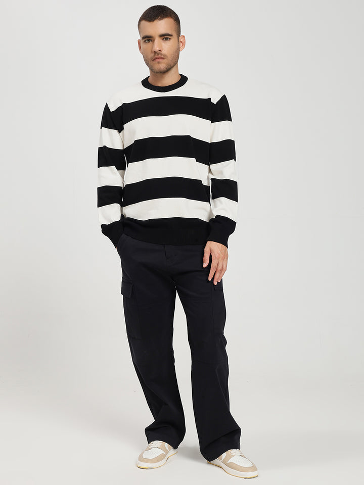 Men’s White & Black Striped Crewneck Sweater