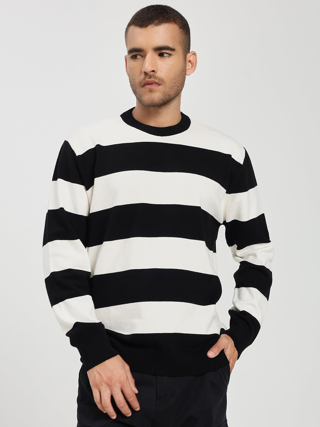 Men’s White & Black Striped Crewneck Sweater