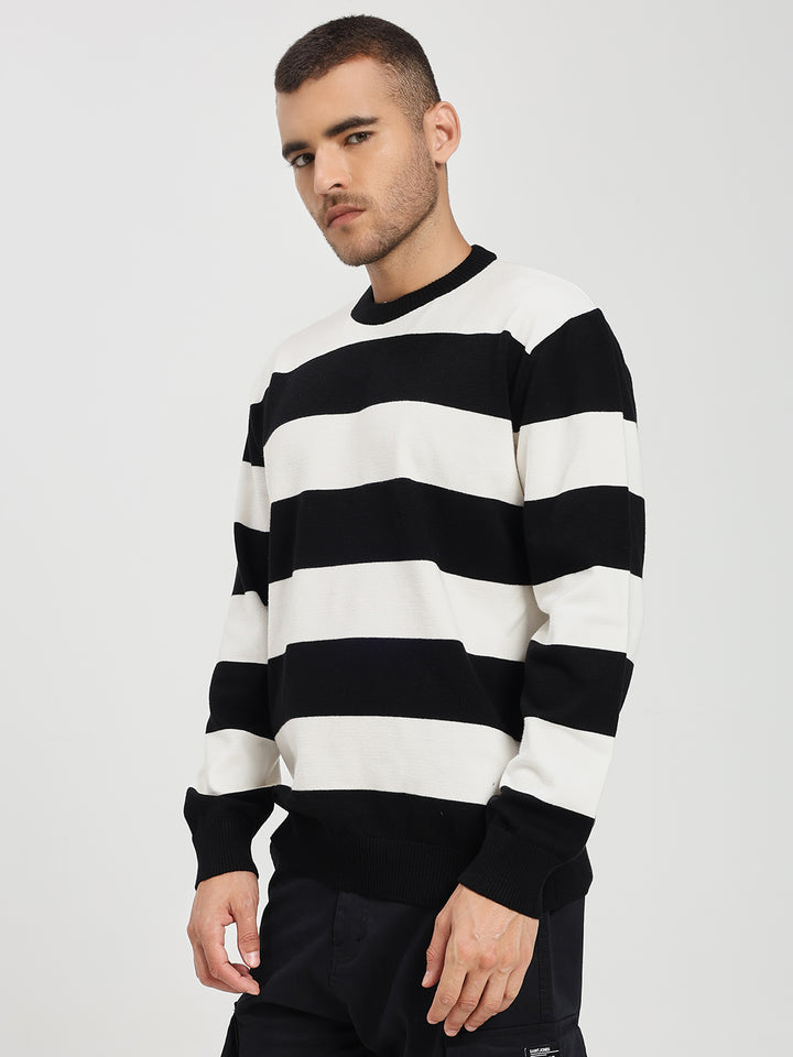 Men’s White & Black Striped Crewneck Sweater