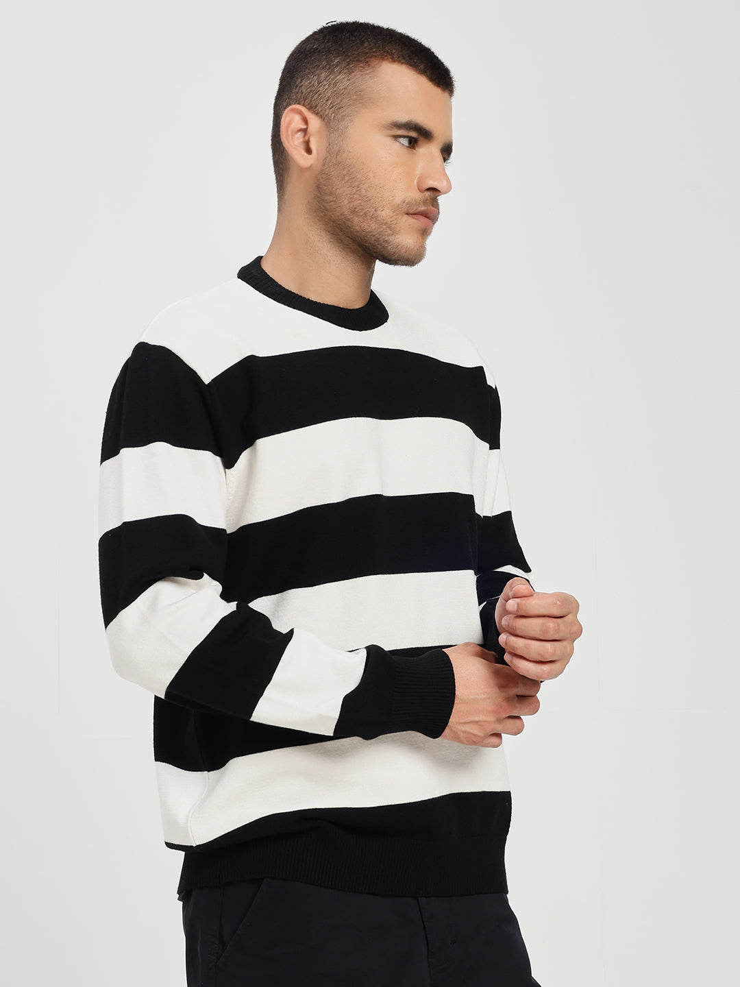 Men’s White & Black Striped Crewneck Sweater