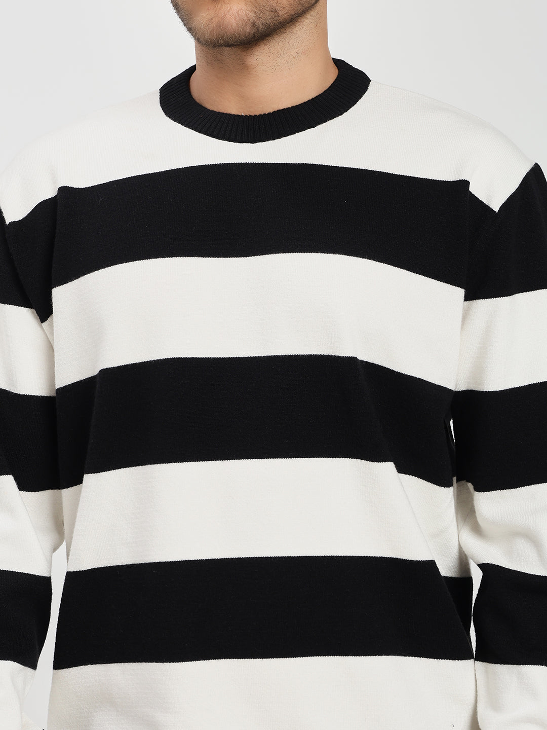 Men’s White & Black Striped Crewneck Sweater